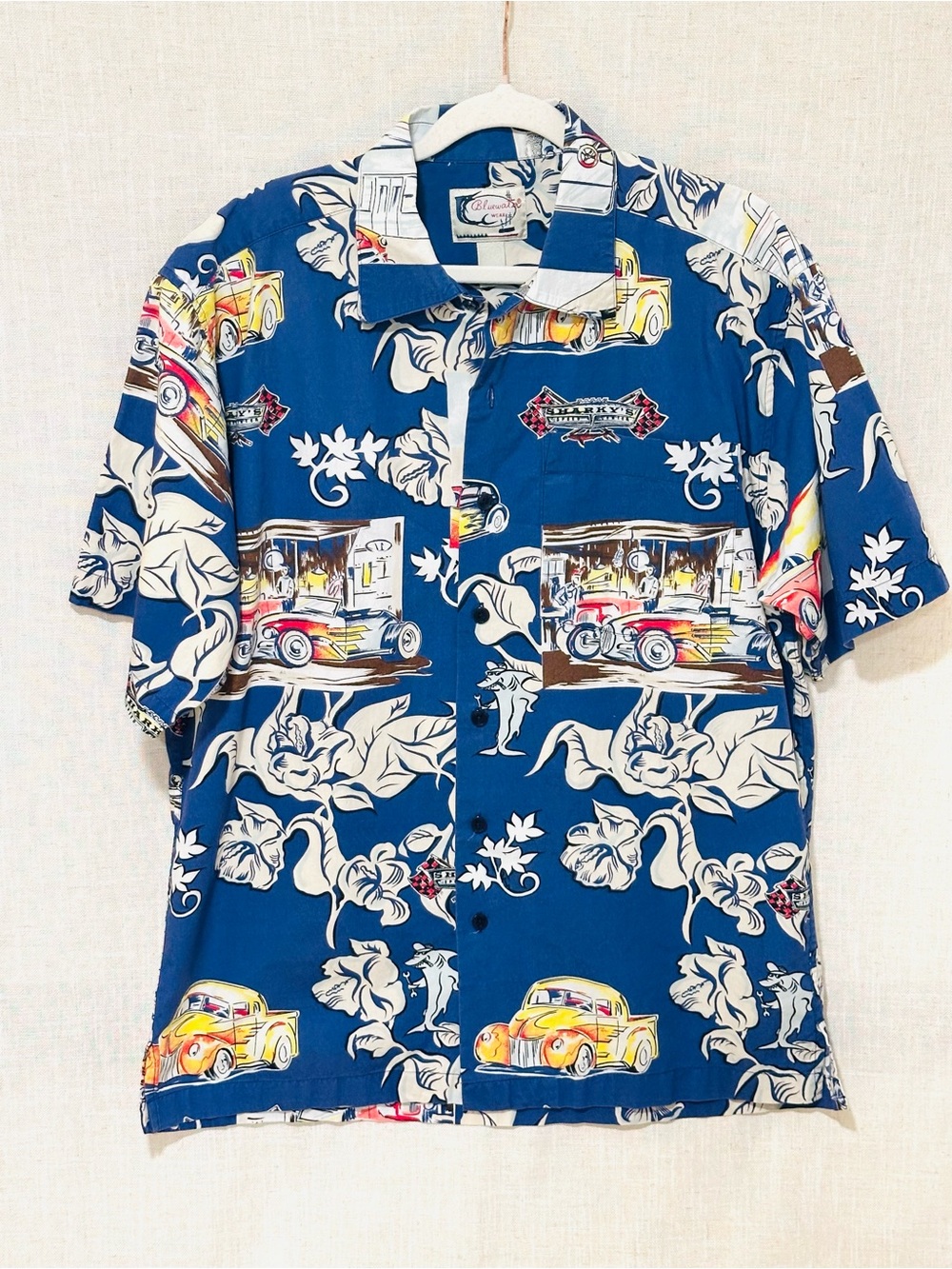 Vintage Bluewater Wear Hot Rod Hawaiian Button Shirt Size M  Route 66 Retro Cars